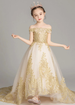 Off Shoulder Gold Lace Flower Girl Dress Birthday Girl Dress
